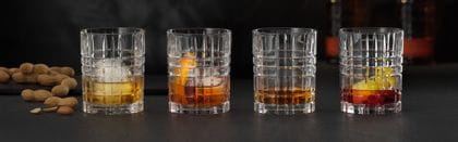 Four NACHTMANN Square Whiskey tumblers filled with different alcoholic and non-alcoholic drinks.<br/>