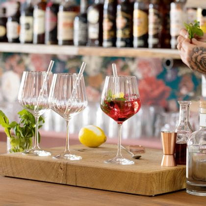 Verres à Gin et Tonic NACHTMANN avec pailles en verre sur un comptoir de bar. L'un d'eux est rempli d'un cocktail de gin rouge avec de la menthe et un zeste de citron. Derrière les verres se trouvent un citron et un verre avec des brins de menthe. À droite, les mains du barman et l'équipement du bar.<br/>