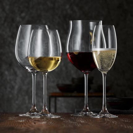 Das mit Weißwein gefüllte NACHTMANN Vivendi Weißweinglas steht neben dem mit Champagner gefüllten Champagnerglas. Dahinter stehen das leere Vivendi Bordeaux-Glas und das mit Rotwein gefüllte Burgunderglas.<br/>